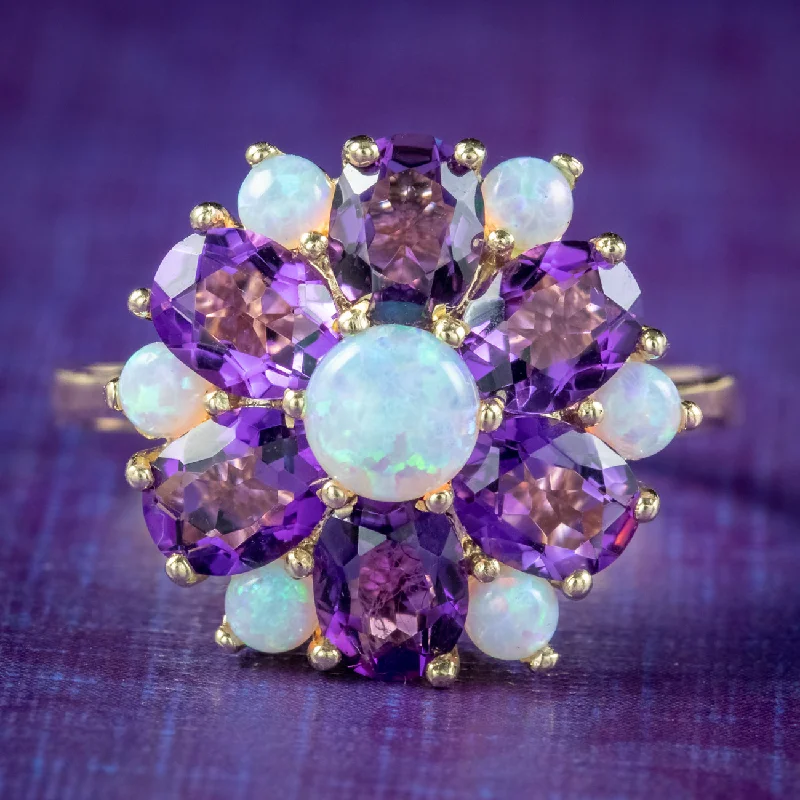 Stylish Wedding Ring Set for Couples-Victorian Style Amethyst Opal Flower Cluster Ring 9ct Gold