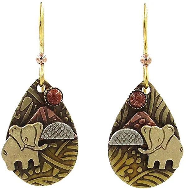 Stylish Drop Earrings for Casual Wear-Silver Forest Elephant on Teardrop with Goldstone Earrings