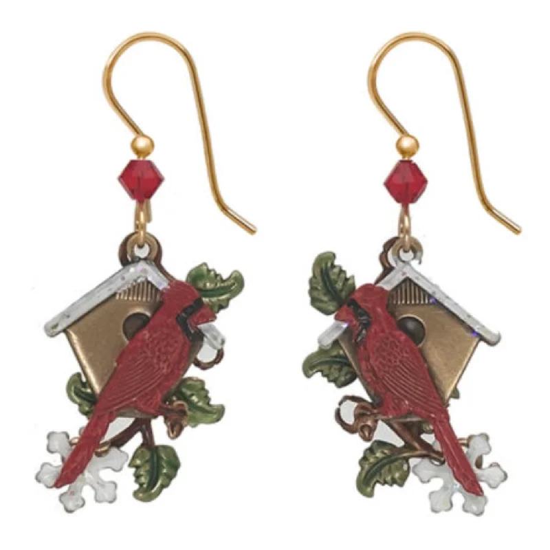 High Fashion Earrings for Women-Silver Forest Earrings Cardinal with Birdhouse and Red Bead