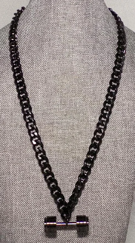 Layered Necklace for Special Occasions-Black Dumbbell Necklace with Stainless Steel Cuban Chain Black Enamel