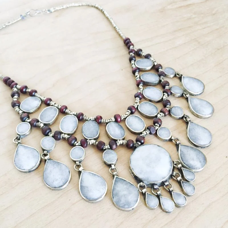 Geometric Necklace for Fashionable Women-Tribal grey stone boho necklace