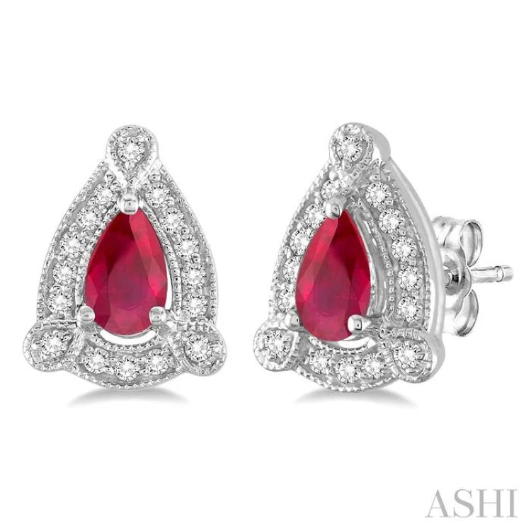 Soft Silver Earrings for Sensitive Ears-5x3 mm Pear Shape Ruby and 1/6 Ctw Round Cut Diamond Earrings in 14K White Gold