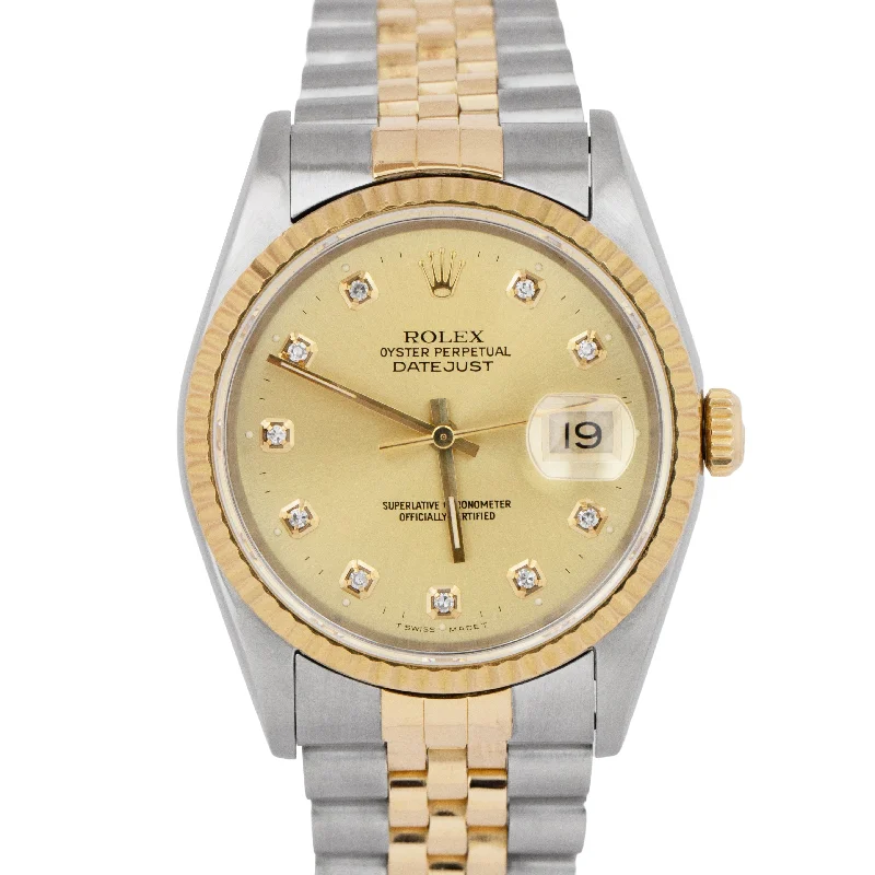 Smart Watches for Kids with Safety Features-Rolex DateJust 36mm Champagne Diamond 18K Gold Stainless Steel Watch 16233