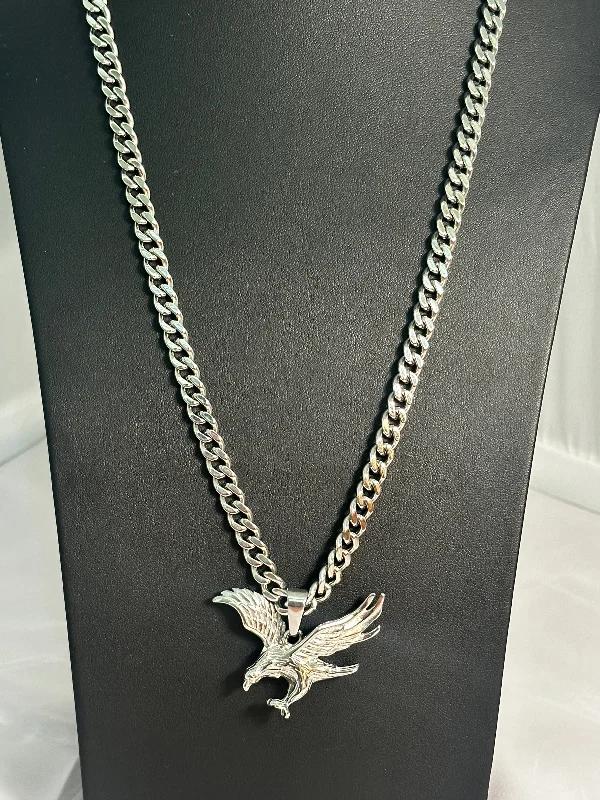 Diamond Pendant Necklace-Silver Stainless Steel Eagle Soaring Necklace