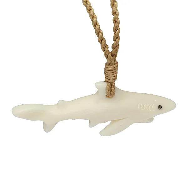 Stylish Necklace for Special Events-Buffalo Bone Shark Necklace Brown Cord 53x20mm