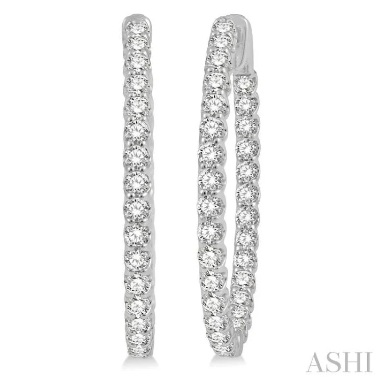 Chic Earrings for Stylish Women-3 Ctw Inside-Out Round Cut Diamond Oval Shape Hoop Earrings in 14K White Gold