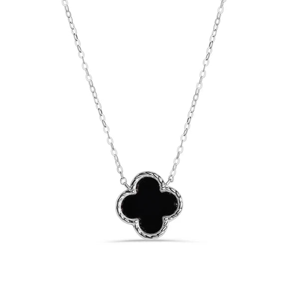 Artistic Gemstone Necklace-Rhodium Plated 925 Sterling Silver Black Enamel Four Leaf Clover Adjustable Necklace