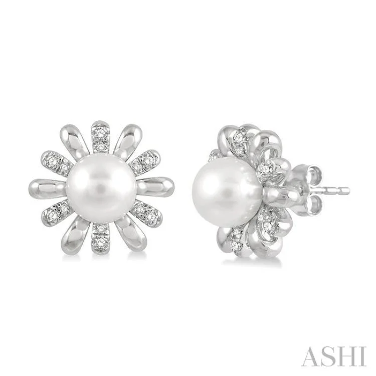 Neon Earrings for Parties-1/6 Ctw Floral 6MM Round Cultured Pearls & Round Cut Diamond Earring in 10K White Gold