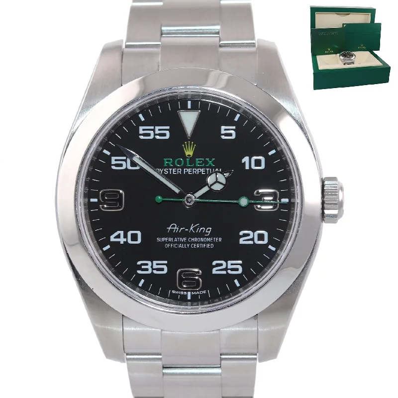 Fitness Watches for Weight Loss-MINT 2021 Rolex Air King 116900 Black Arabic Dial 40mm Steel Green Watch Box