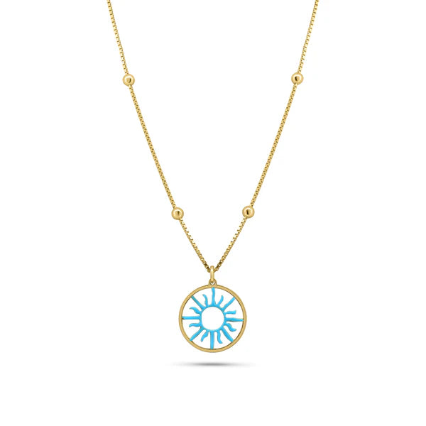 Minimalist Necklace for Every Day-Gold Plated 925 Sterling Silver Turquoise Sun Charm Box Beaded Adjustable Necklace