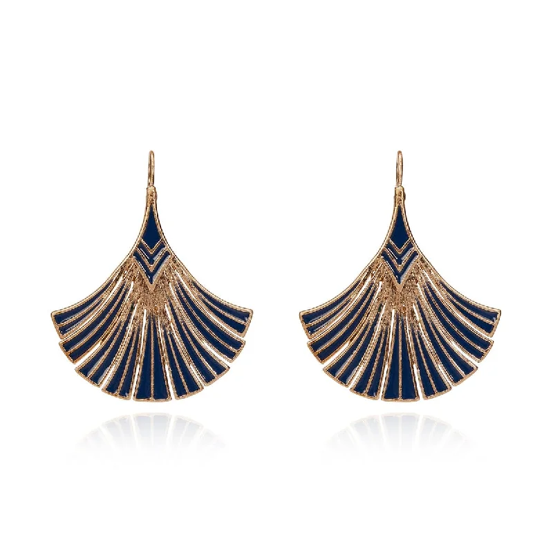 Handcrafted Gemstone Earrings-Navy Palm Leaf Earrings: Vintage Deco Earrings