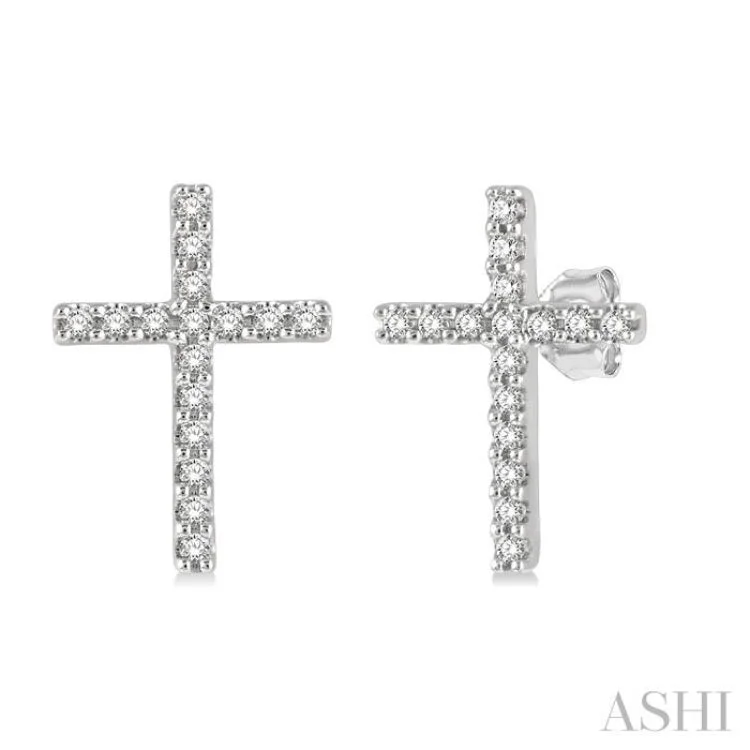 Dazzling Earrings for Night Parties-1/10 Ctw Cross Round Cut Diamond Petite Fashion Earring in 10K White Gold