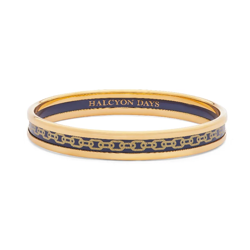 Elegant Gold Bangles for Bridesmaids-Skinny Chain Navy & Gold Enamel Bangle