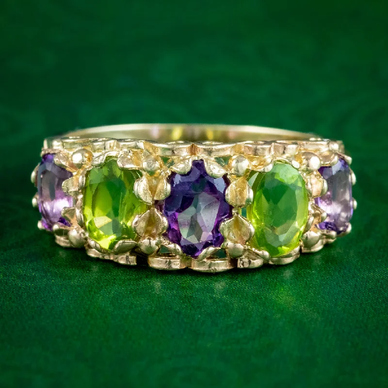 Bold Gemstone Ring for Statement Look-Edwardian Style Suffragette Amethyst Peridot Ring 9ct Gold