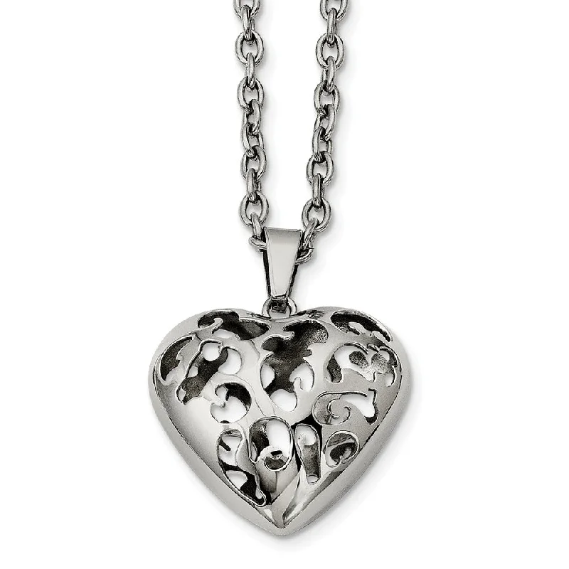 Unique Pendant Necklace for Casual Wear-Stainless Steel Cutout Puffed Heart Necklace - 20 Inch