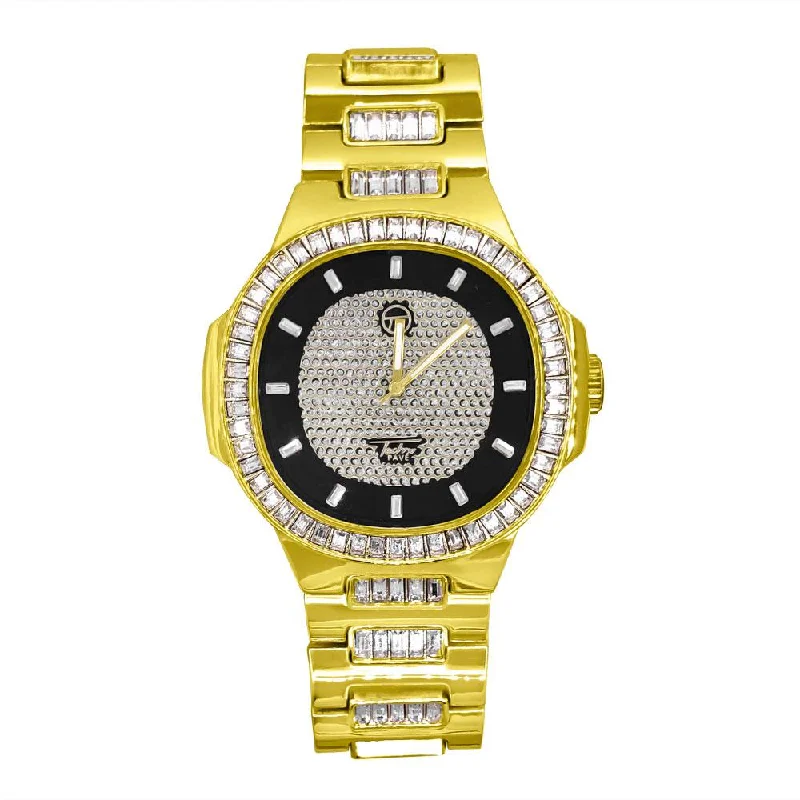 Elegant Gold Watches for Weddings-Baguette Modern Iced Out Bling Hip Hop Watch