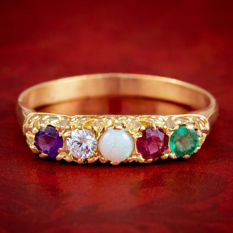 Gold Promise Ring for Engagement-Victorian Style Acrostic Gemstone Ring Spells Adore