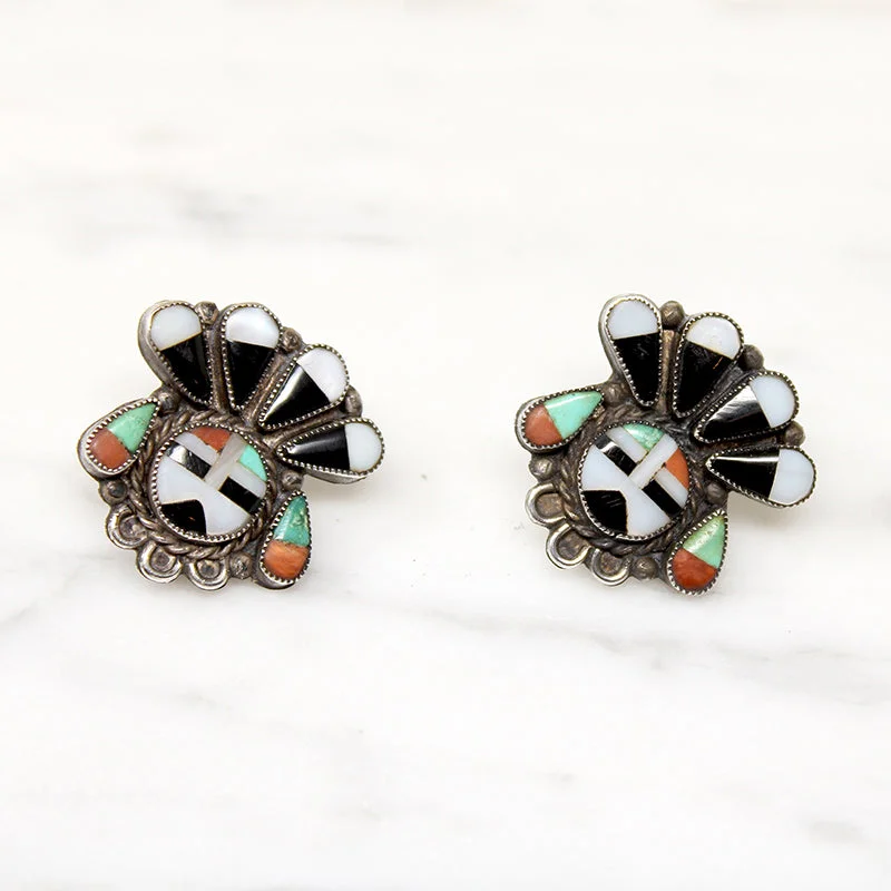 Statement Earrings for Bold Fashion-Zuni Inlay Sunface in Ceremonial Headdress Earrings