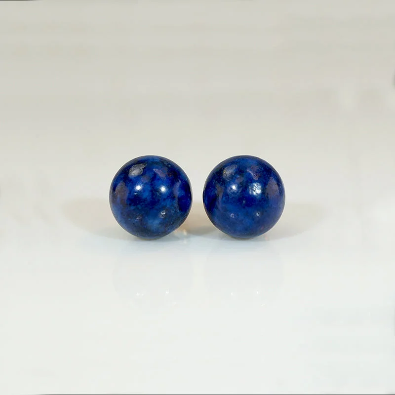 Beaded Earrings for Women-Lapis Lazuli Orbs in Gold Stud Earrings