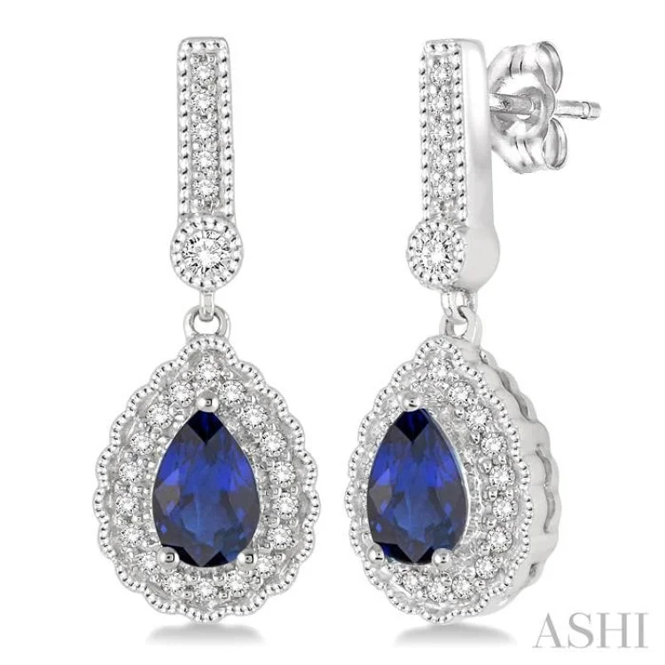 Long Drop Earrings for Women-6x4 Pear Shape Sapphire and 1/4 Ctw Round Cut Diamond Earrings in 14K White Gold