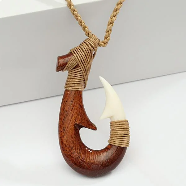 Fine Gold Necklace for Luxury Look-Clasic Style Koa Wood/Bone Fish Hook Necklace 28x52mm