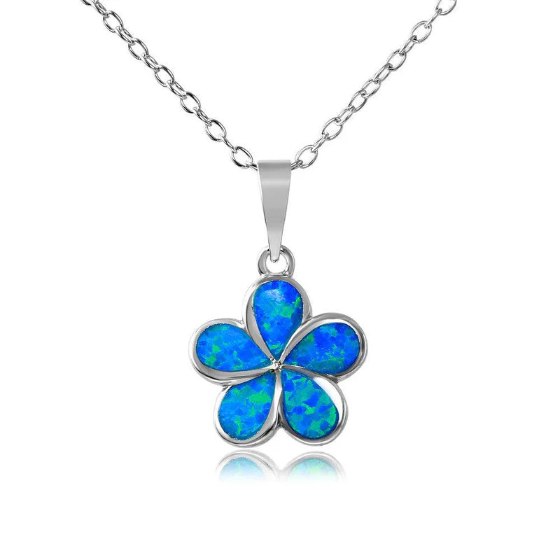 Simple Pendant Necklace for Day Wear-Silver 925 Rhodium Plated Blue Opal Stone Hibiscus Flower Necklace