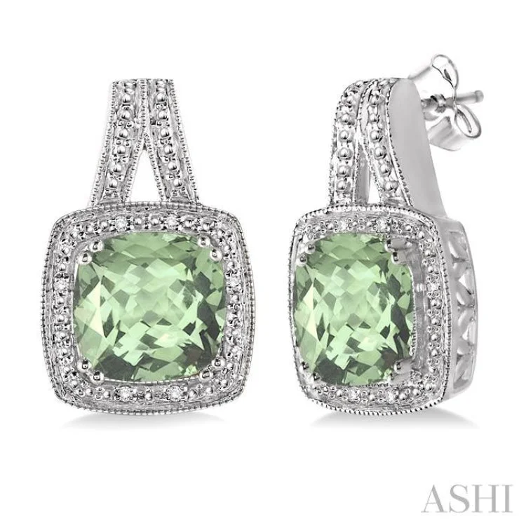 Artistic Earrings for Fashion Lovers-8x8 mm Cushion Cut Green Amethyst and 1/20 ctw Single Cut Diamond Earrings in Sterling Silver