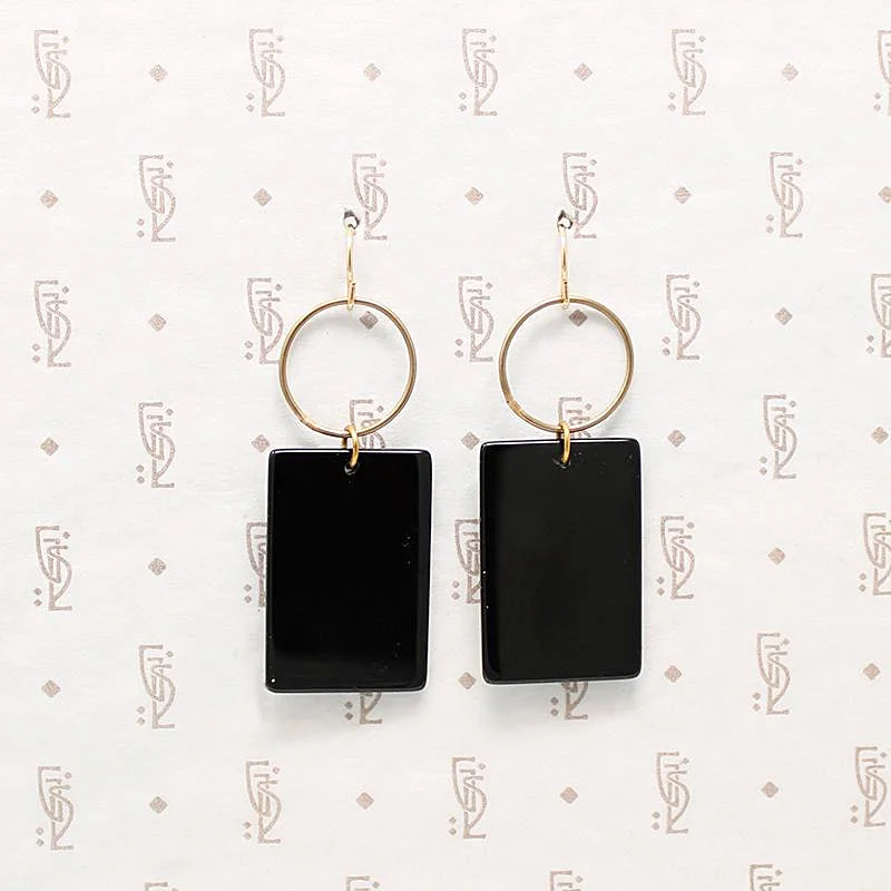 Casual Earrings for Summer Looks-Bold Brass & Onyx Geometric Earrings by Brin