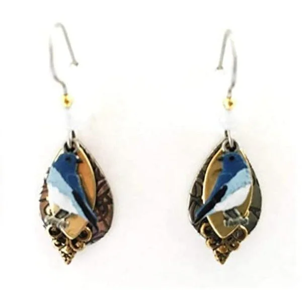 Bright Earrings for Daytime Looks-Silver Forest Bluebird on Layered Shapes Earrings