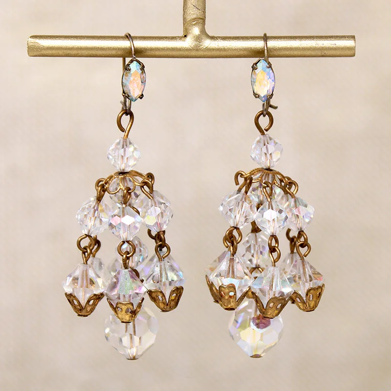 Handmade Earrings for Gifts-Aurora Borealis Beads & Brass Filigree Chandelier Earrings