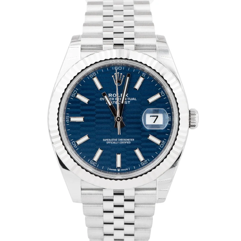 Women's Watches with Stainless Steel Bands-NEW MARCH 2023 PAPERS Rolex DateJust 41 Blue Motif Steel 41mm Watch 126334 B+P