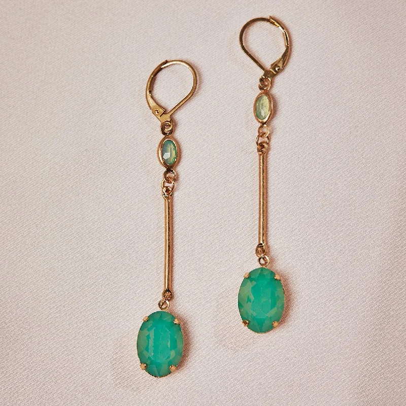 Bohemian Earrings for Fashion Lovers-Oval Drop Earrings: Vintage Green Opal Earrings