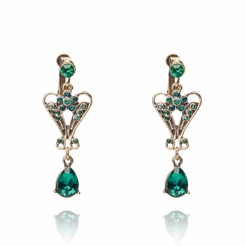 Casual Earrings for Summer Looks-Pendeloque Clip on Crystal Drop Earrings: Emerald Earrings