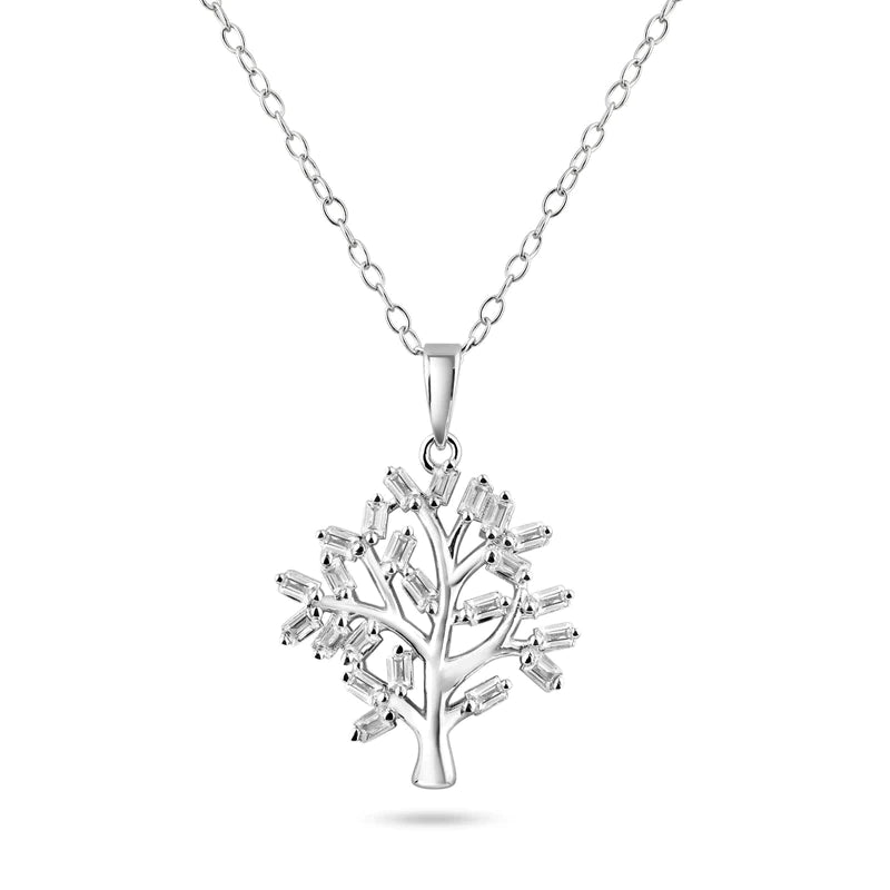 Boho Necklace for Casual Look-Silver 925 Rhodium Plated Tree of Life Clear CZ Baguette Pendant Necklace