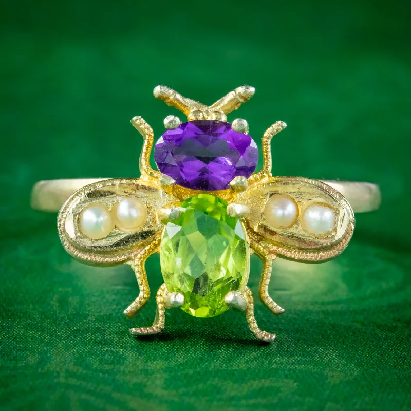 Custom Wedding Ring for Personalized Style-Edwardian Suffragette Style Bee Ring Peridot Amethyst Pearl Silver 18Ct Gold