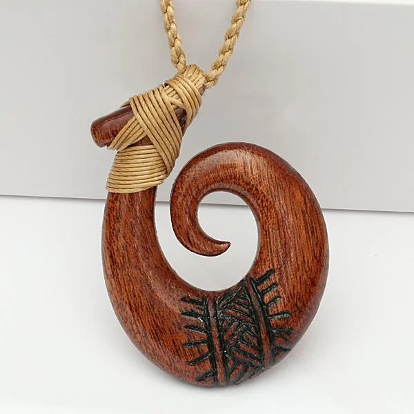 Sterling Silver Necklace for Formal Wear-37x50 Koa Wood Fish Hook Necklace with Black Carving