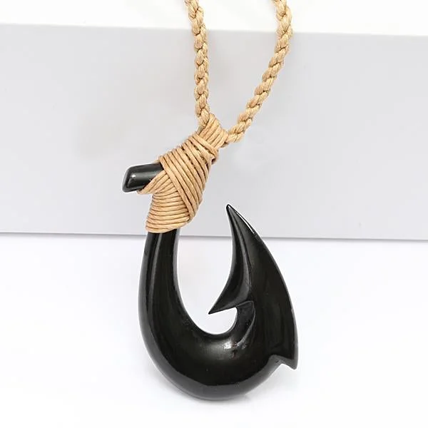 Modern Necklace for Evening Outfits-Black Bone Plain Fish Hook Necklace Brown Cord 25x45mm