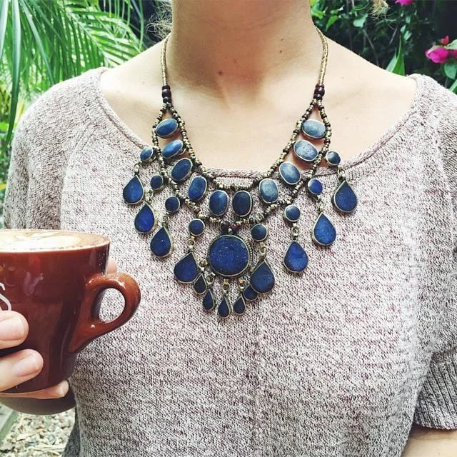 Chunky Bead Necklace for Fashion-Tribal lapis lazuli stone boho necklace