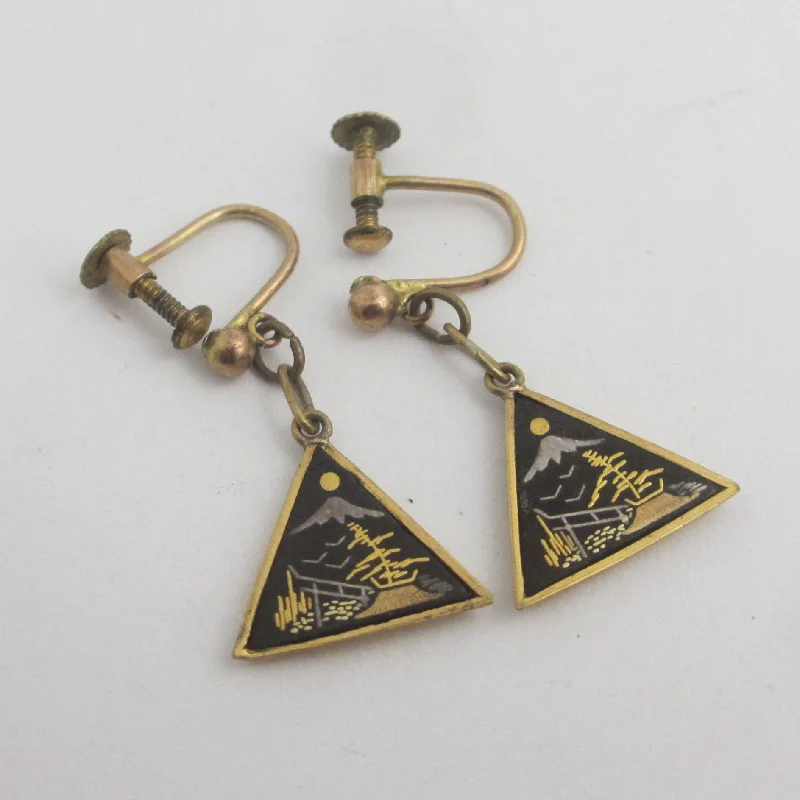 Bright Earrings for Daytime Looks-Japanese Damascene Dangling Ear Pendant Earrings Vintage c1950